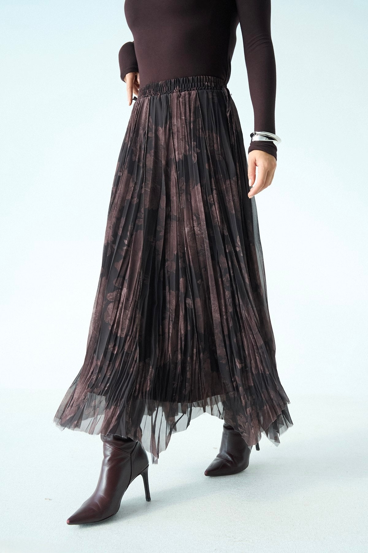 Marble Brown Asymmetrical Chiffon Skirt