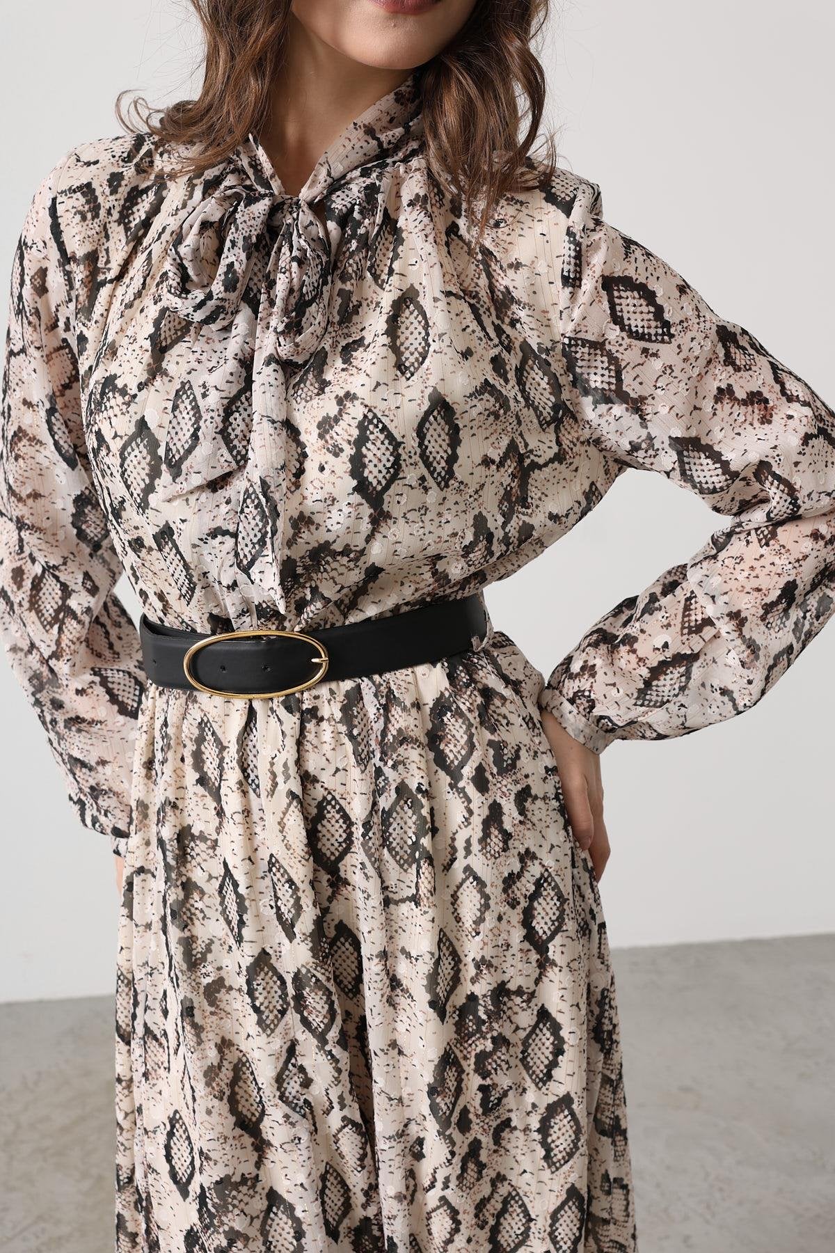 Snakeskin Chiffon Belted Dress