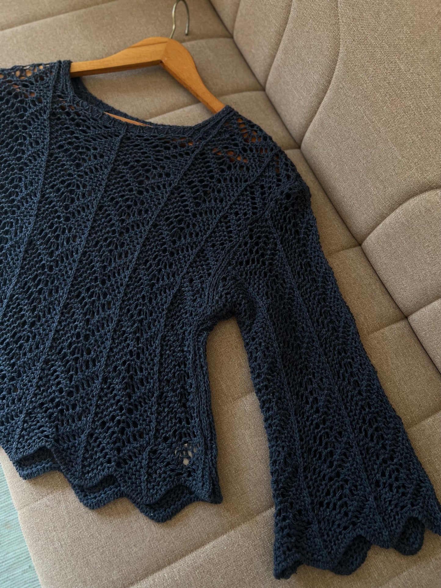 Navy Crochet Top With Bell Sleeves