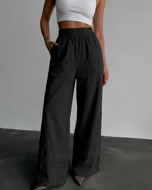 Black Linen Wide Leg Pants With Elastic Waist