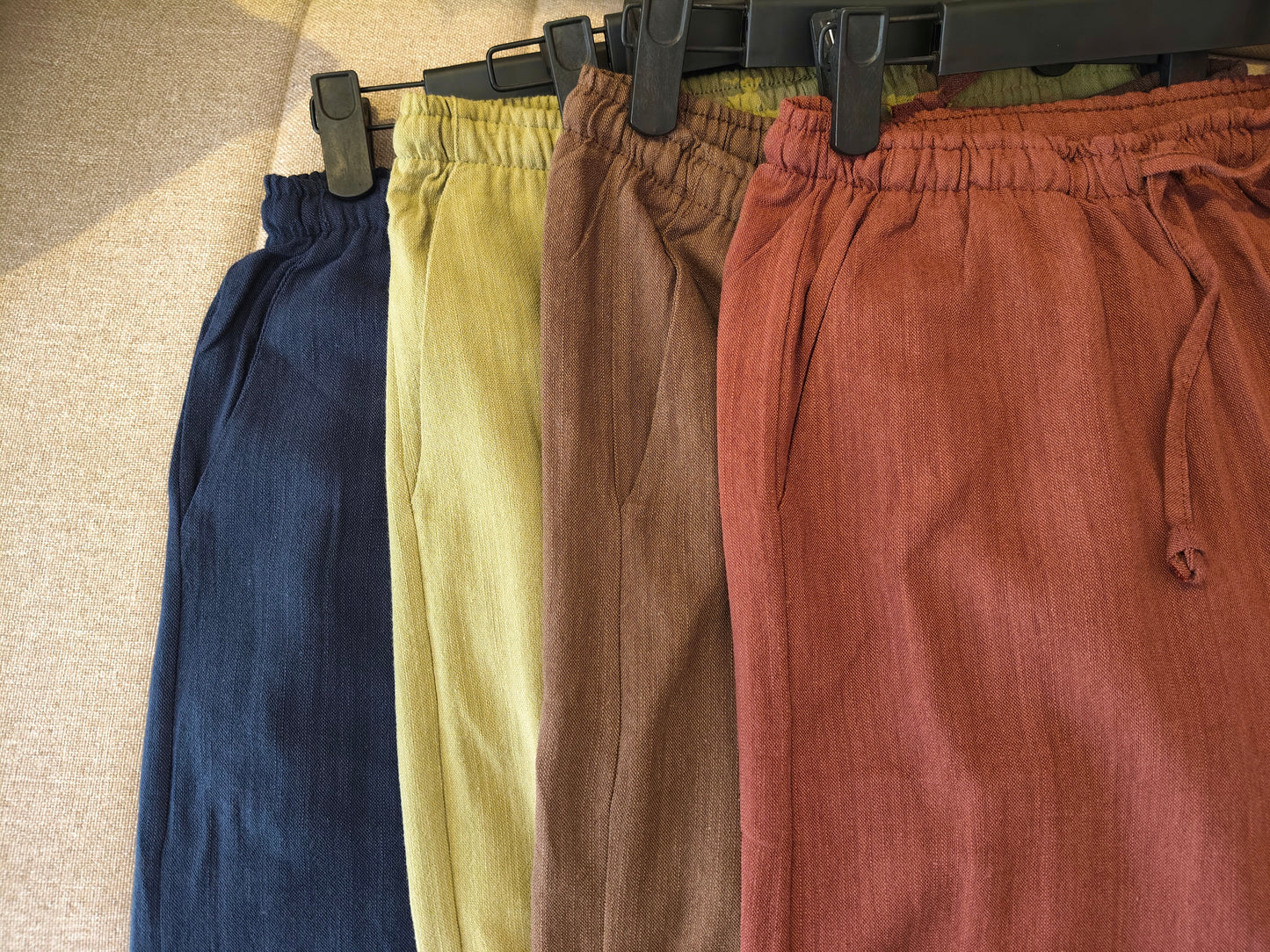 Navy Stripy Linen Straight Leg Pants With Elastic Waist