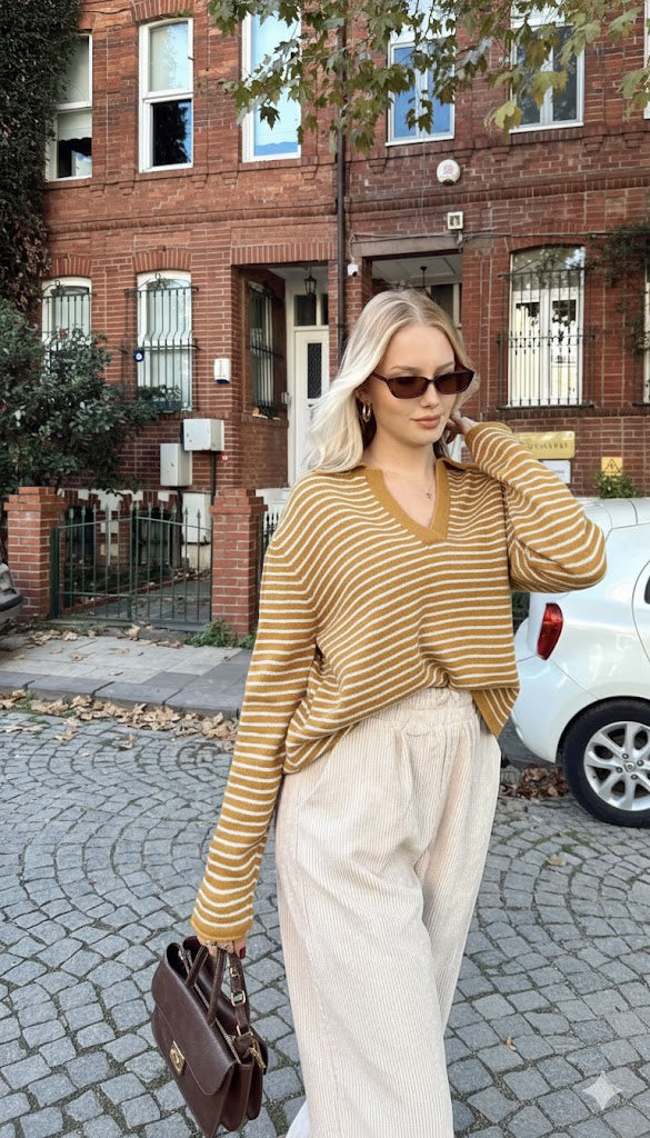 Yellow Ginger Striped Pullover With Polo Collar