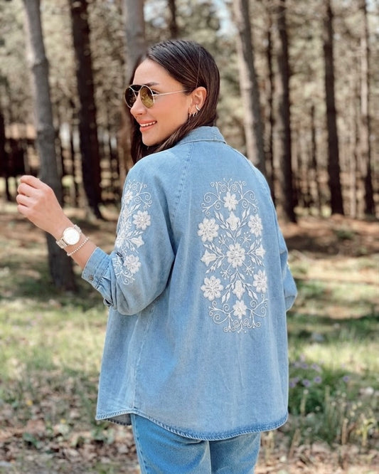Light Blue Denim Embroidered Floral Kimono