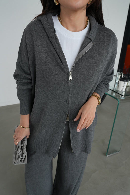 Grey Triko Double Zip-Up Hoodie Set