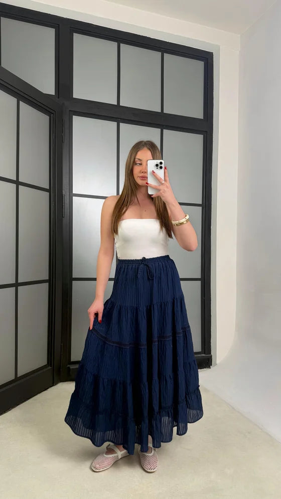 Navy Stripy Flowy Skirt