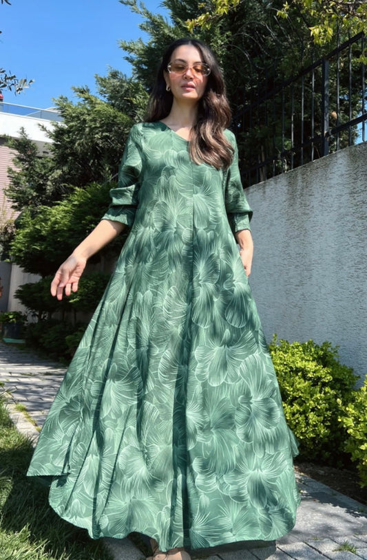 Green Beige Tropical Linen Dress