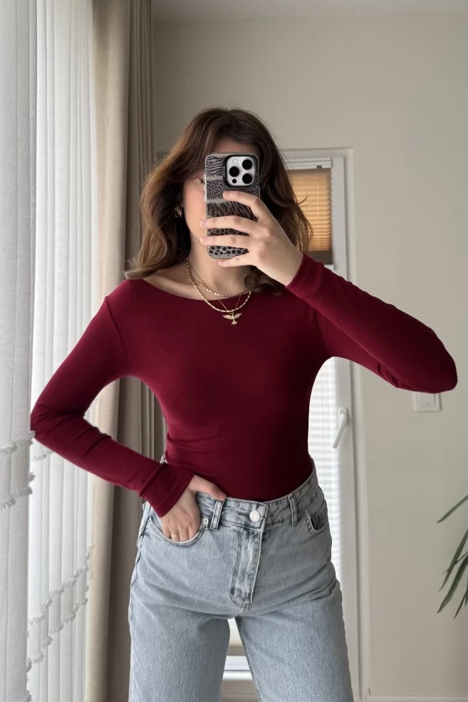 Maroon Basic Cotton Boat Neck Top