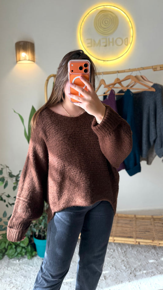 Chocolate Brown Boat Neck Heavy Pullover
