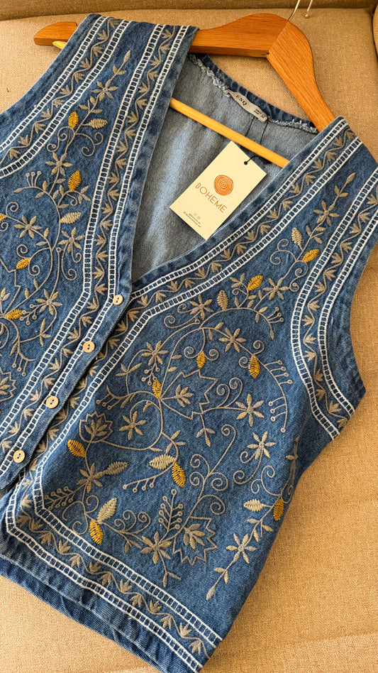 Dark Blue Denim Embroidered Vest