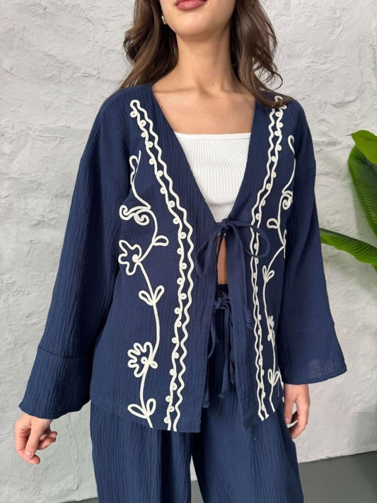 Navy Embroidered Cardigan With Bell Sleeves