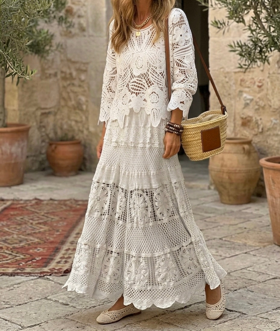 Cotton Lace & Crochet White Elastic Waist Skirt