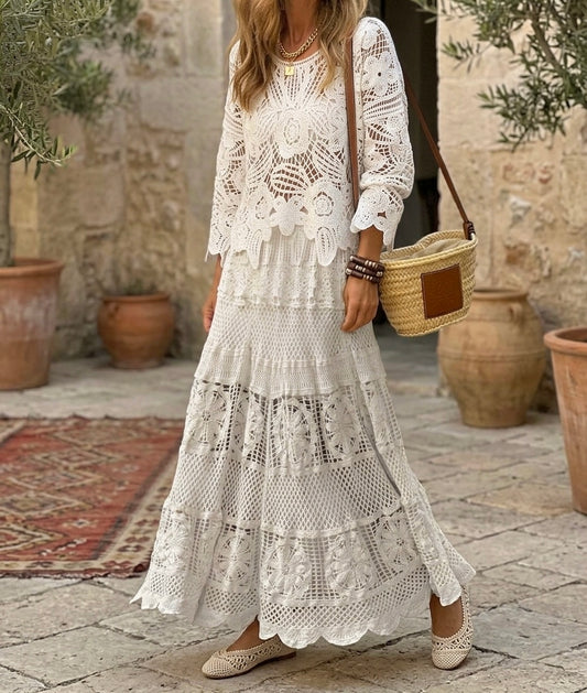 Cotton Lace & Crochet White Elastic Waist Skirt