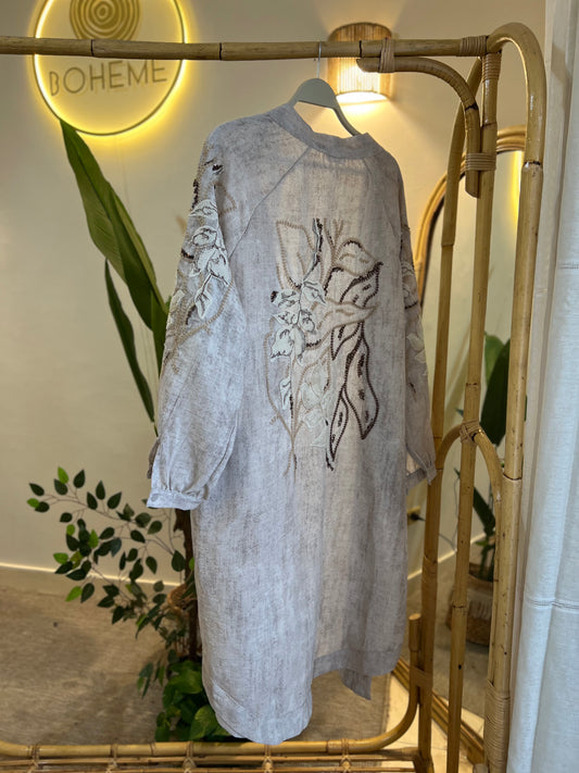 Beige & Brown Linen Embroidered Long Kimono With Pockets