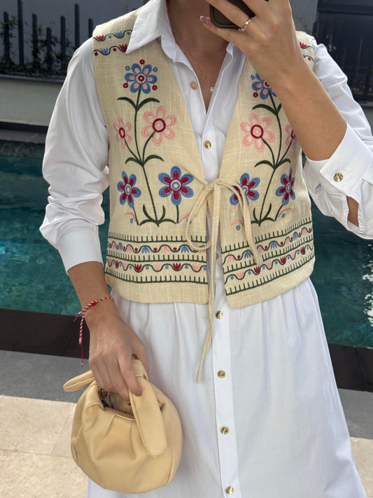 Beige Floral Embroidered Vest