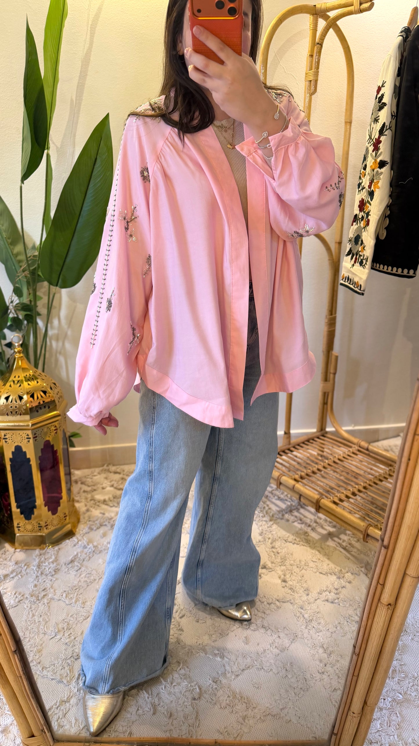 Pink Floral Bead-Embellished Kimono