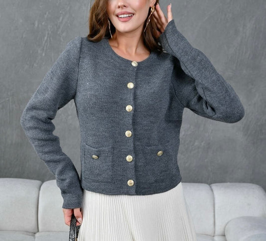 Grey Triko Cardigan With Golden Buttons