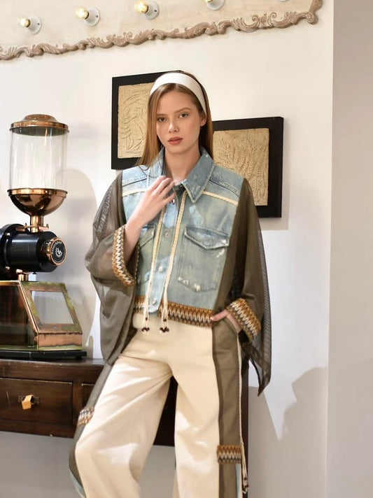 Ethnic Embroidered Mesh X Denim Jacket