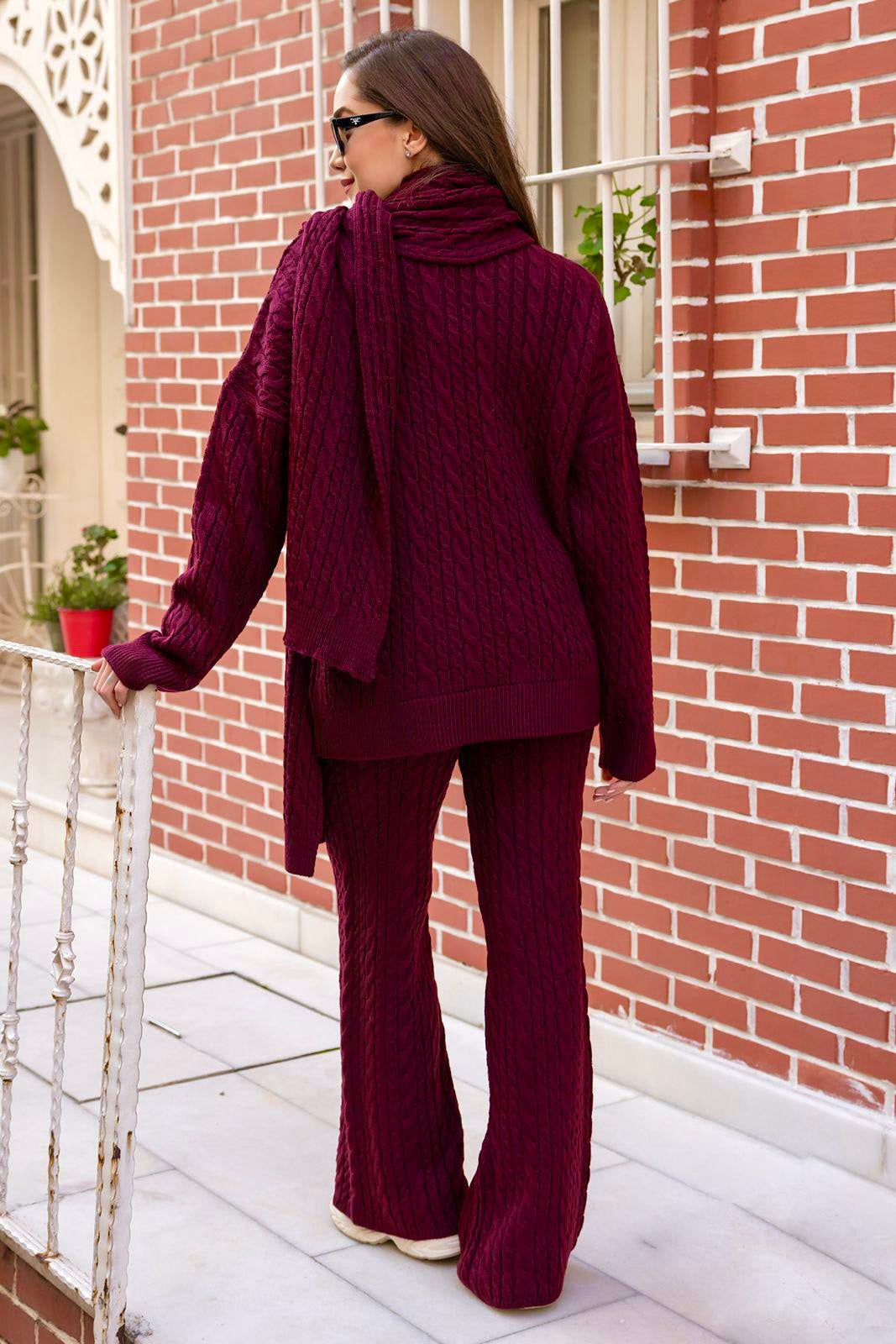 Burgundy Braided Triko Set With Scarf