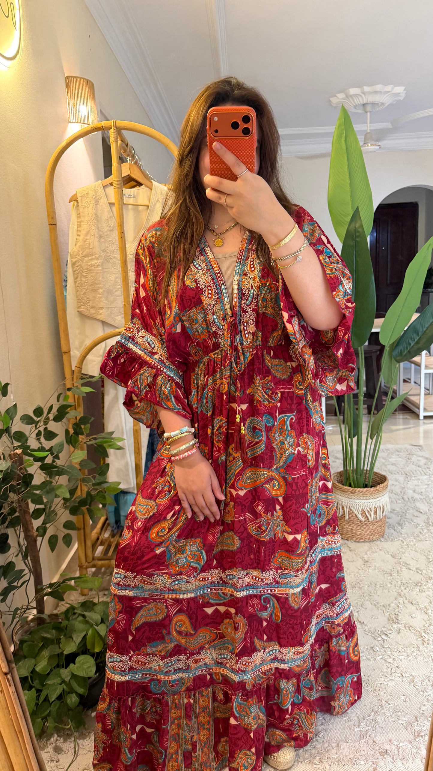 The Italian Red Paisly Dress With Embroiderey & Tassels