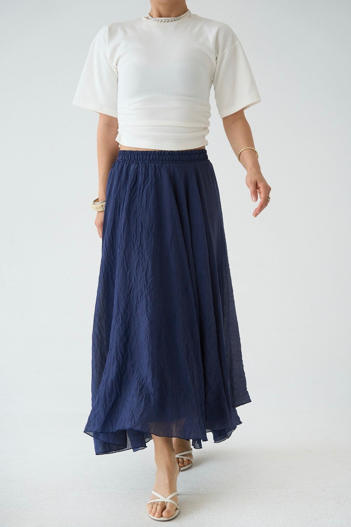 Navy Blue Asymmetrical Crinkled Chiffon Skirt