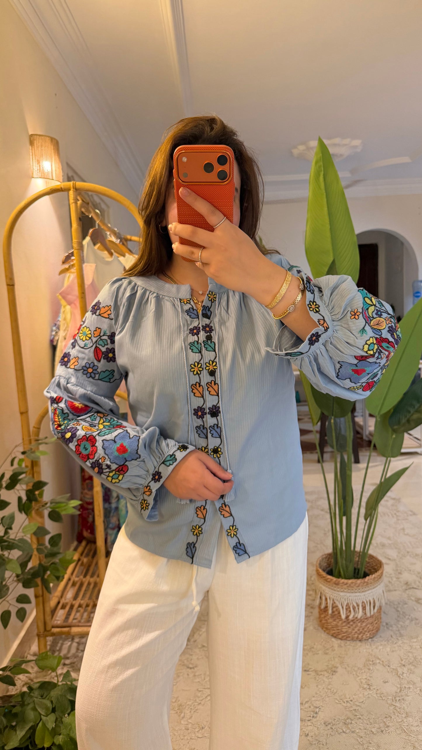 Blue Floral Embroidered Blouse