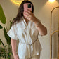 Off White Linen Half Sleeves Belted Blouse