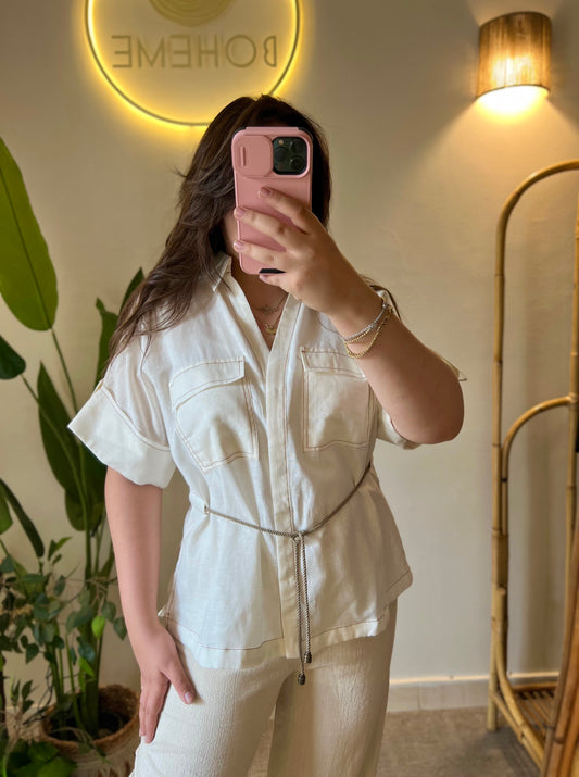 Off White Linen Half Sleeves Belted Blouse