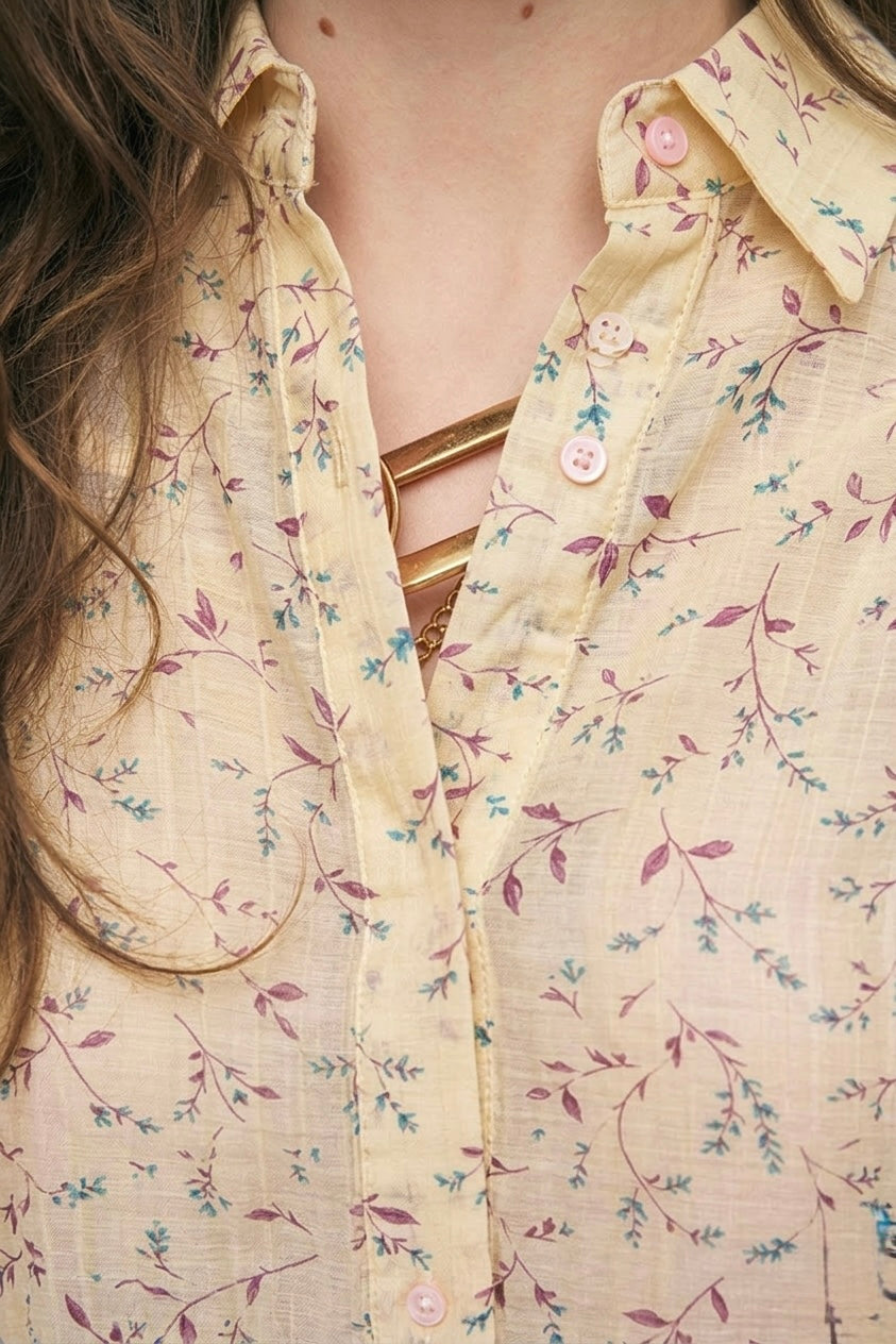Buttur Yellow Chiffon Floral Shirt With Ties