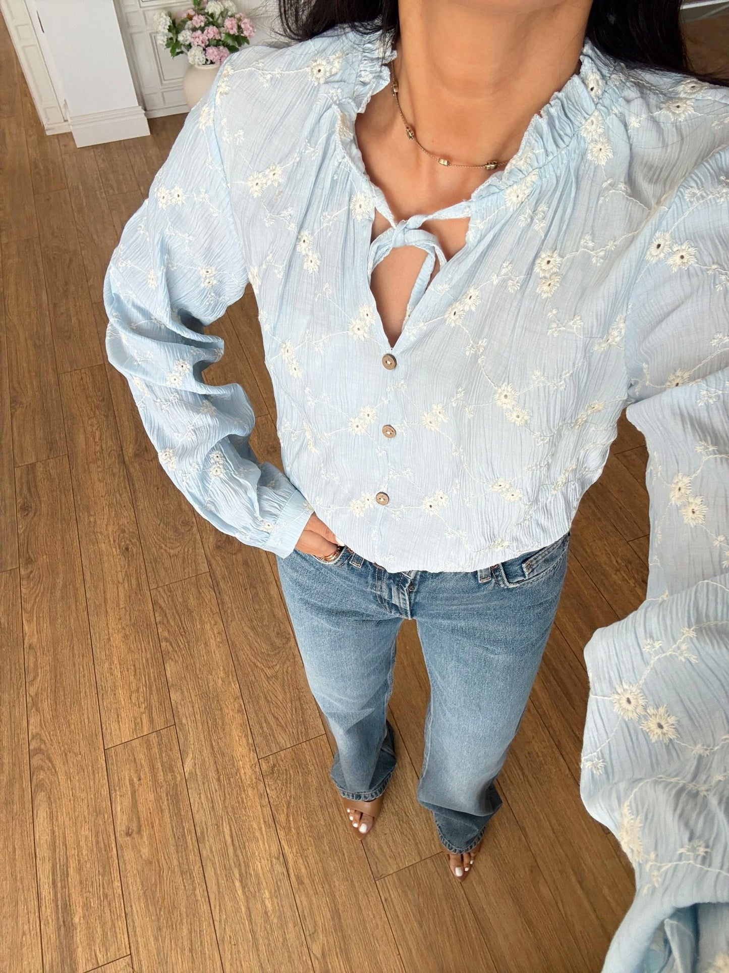 Baby Blue Cut Out Embroidered Blouse