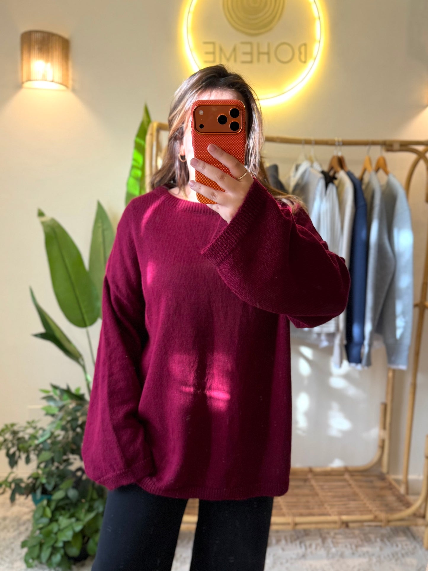 Maroon Round Neck Pullover With Bell Sleeves