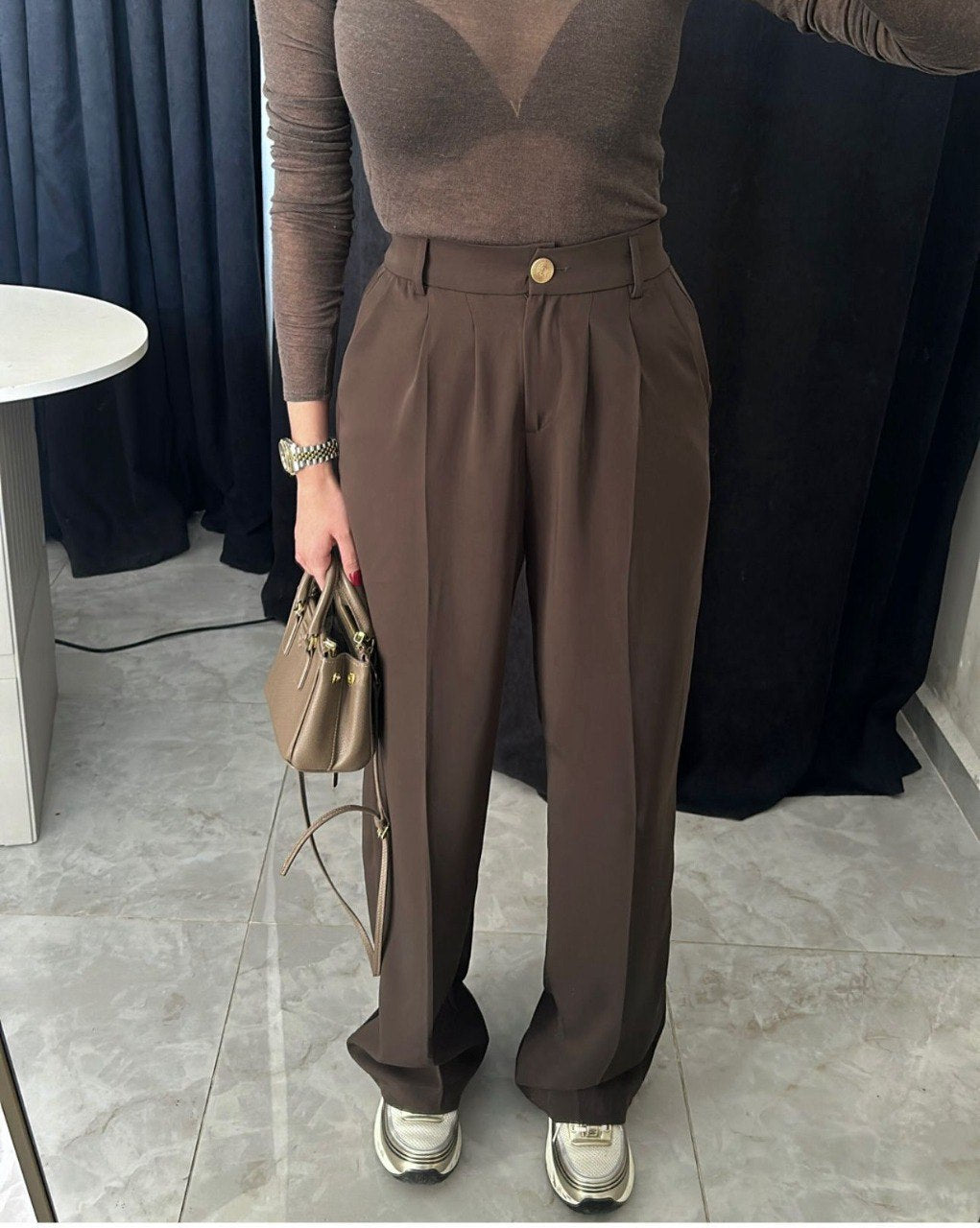 Brown Classic Pants With Golden Button