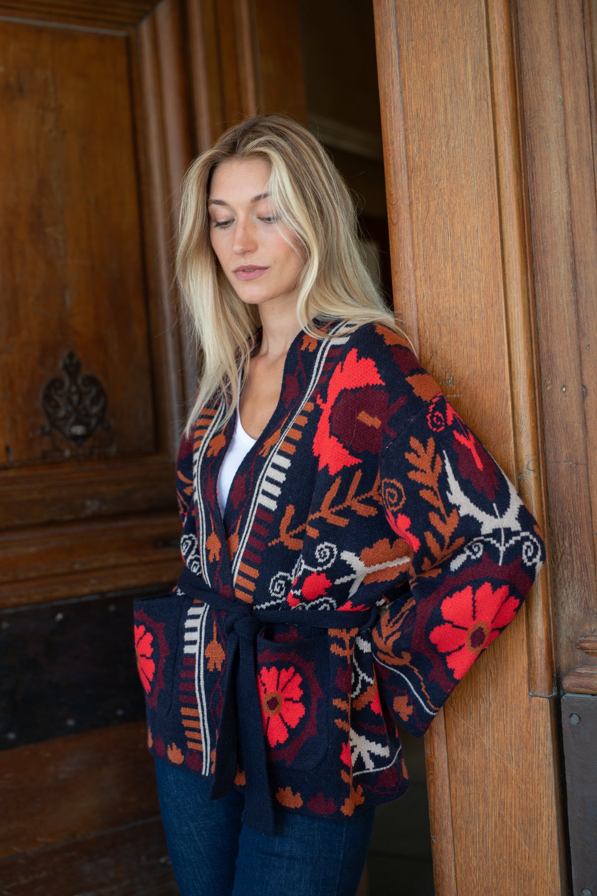 Navy Premium Embroidered Triko Belted Jacket