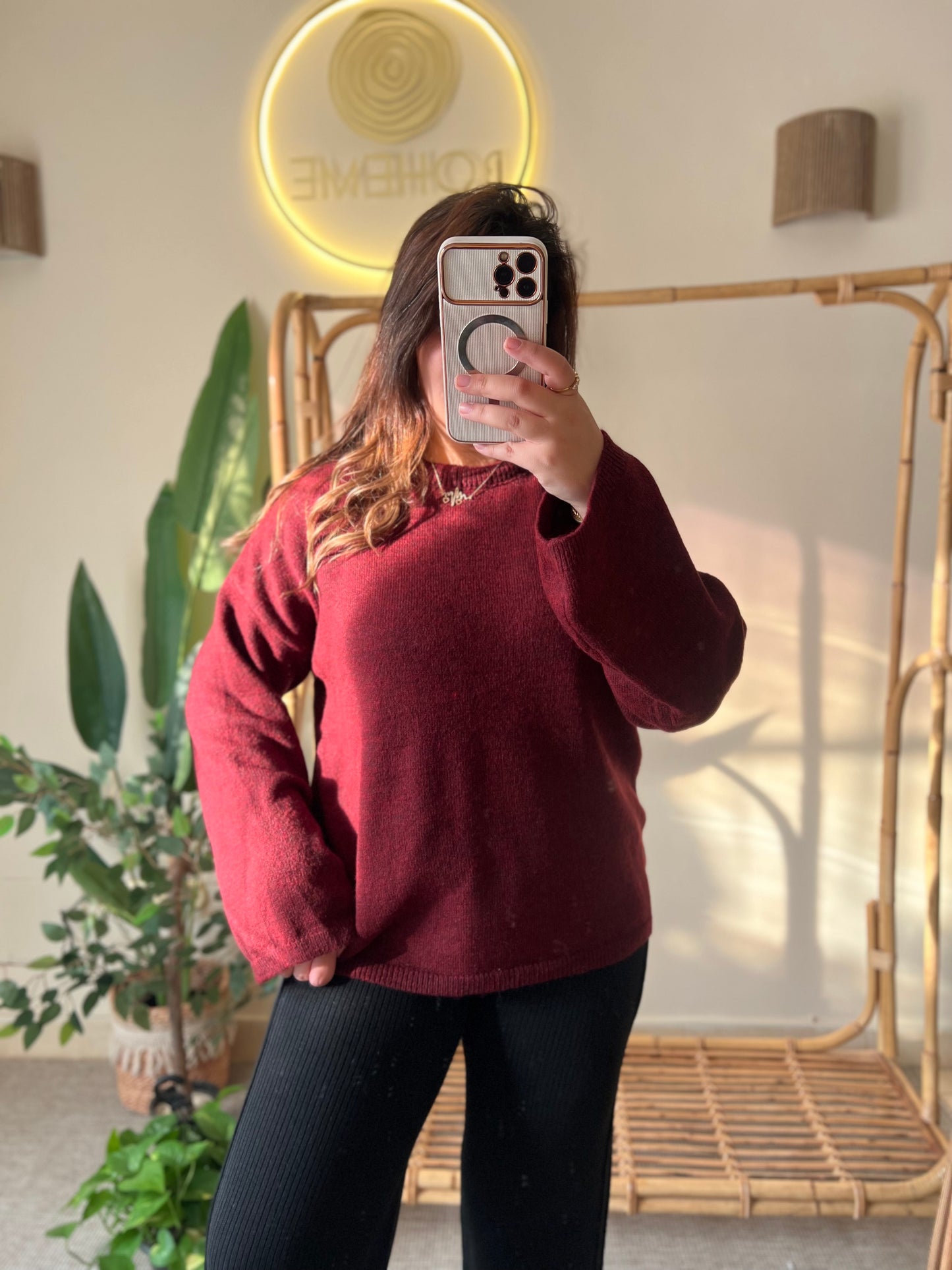 Maroon Round Neck Pullover With Bell Sleeves