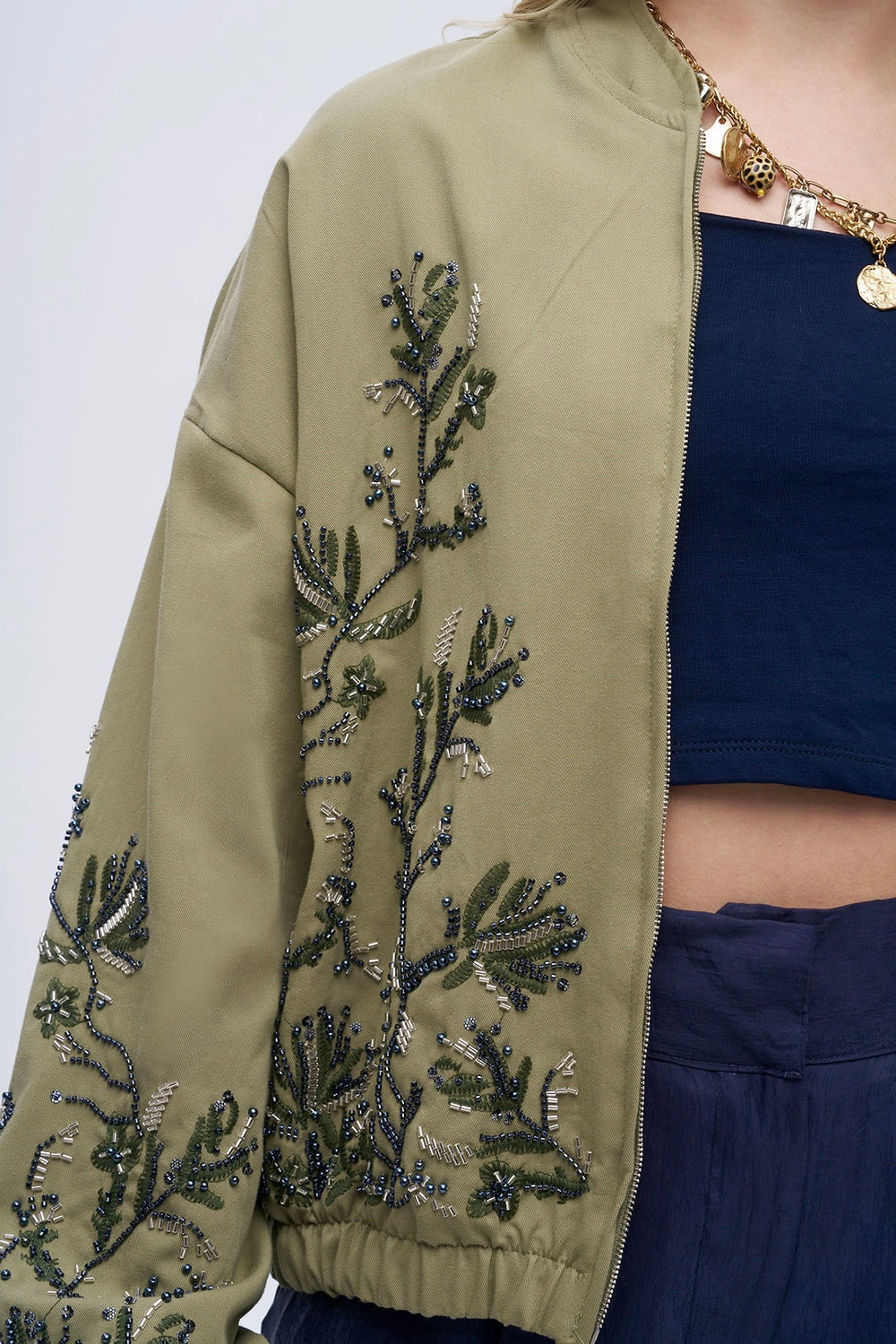 Olive Embroidered Bomber Jacket