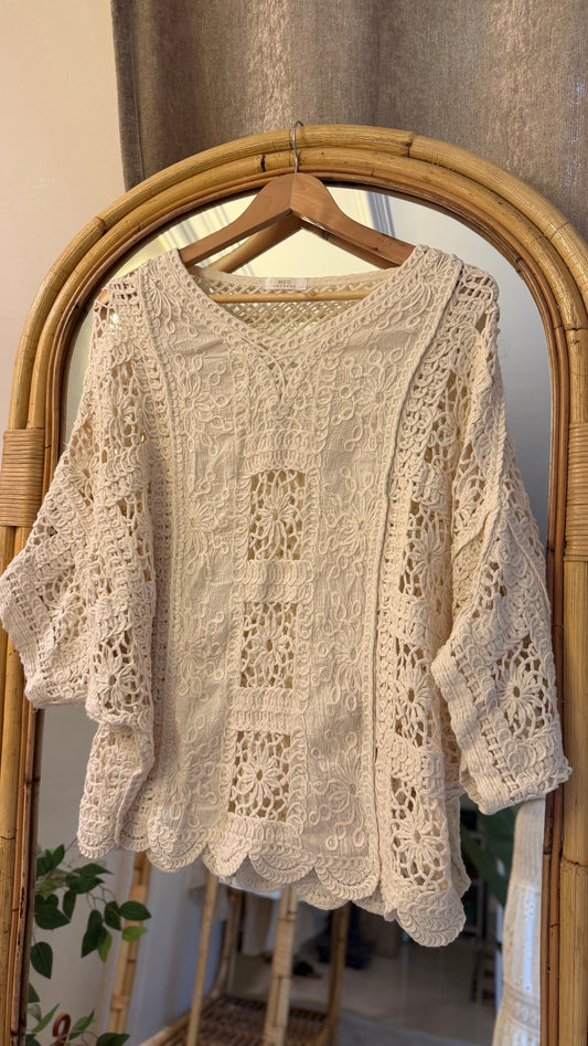 Beige Floral Crochet Long Blouse