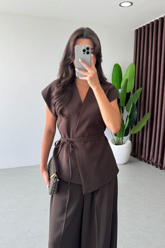Brown Belted Vest & Wide Leg Pants Set