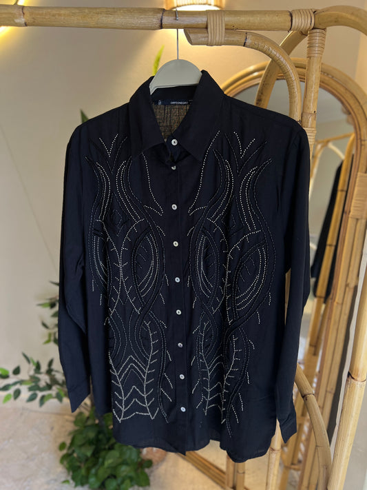 Black Silver Linen Beaded Shirt
