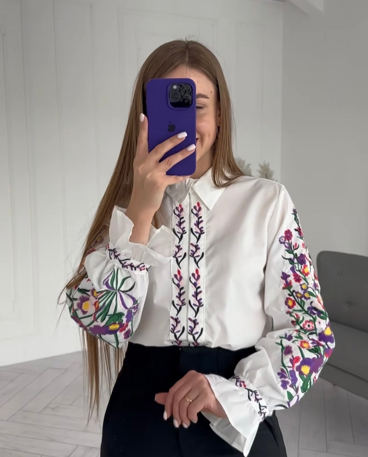 White Floral Embroidered Shirt Blouse