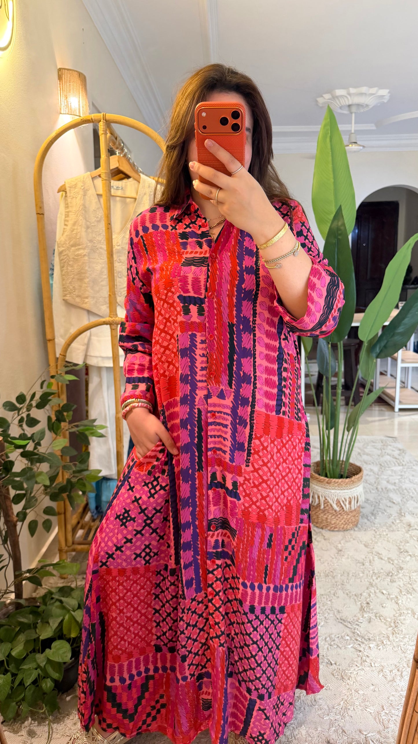 Red Abstract Shirt Dress With Pockets