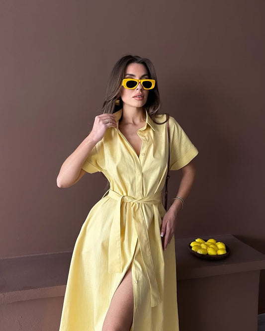 Yellow Linen Belted Dress