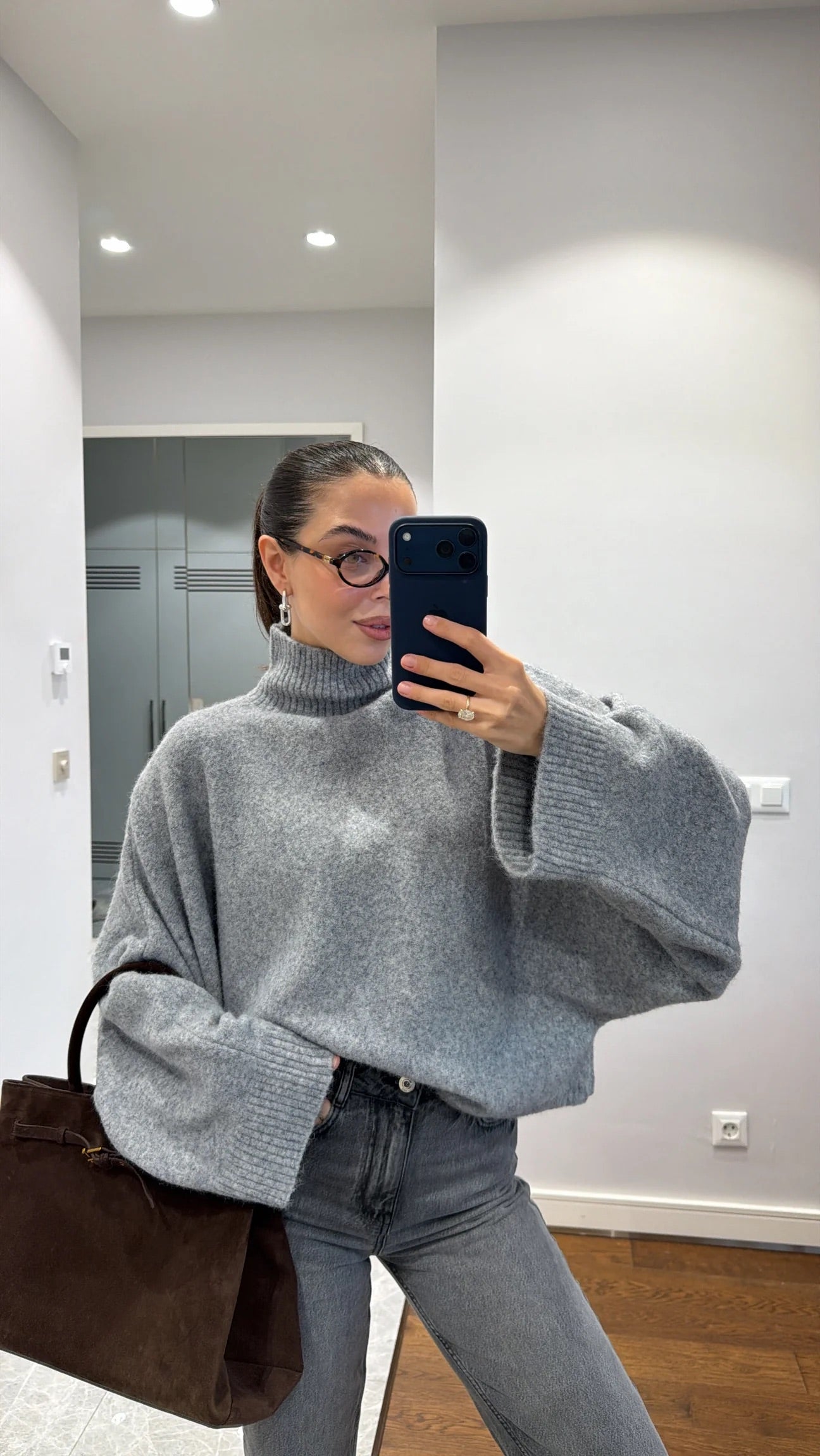 Grey Bat Sleeves High Neck Pullover