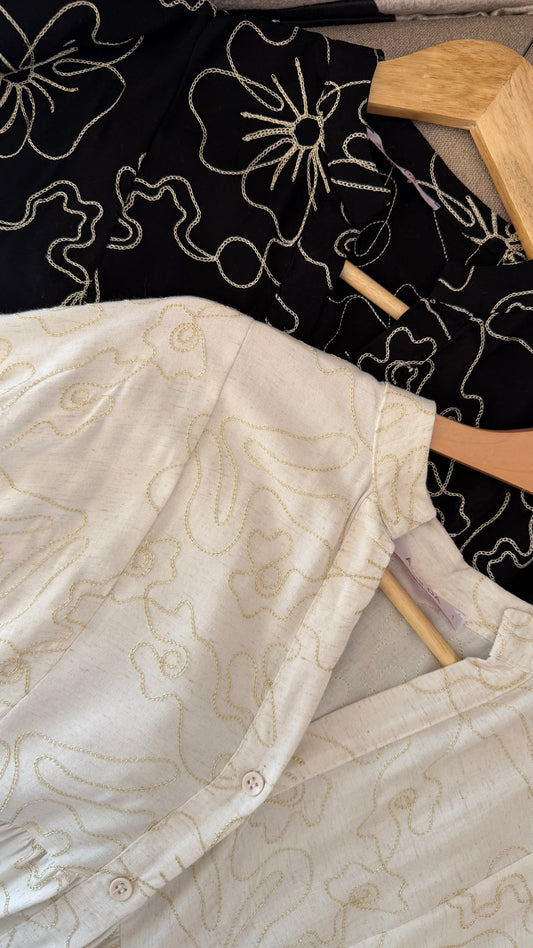 Beige Embroidered Floral Cotton Wide Dress