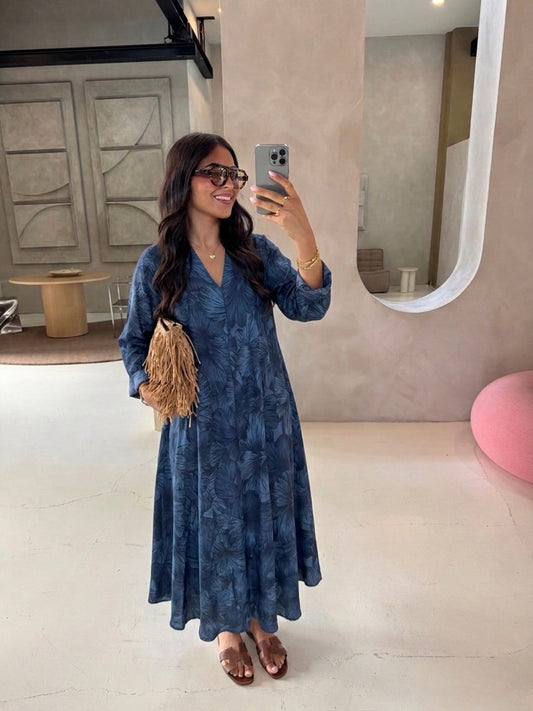 Blue Tropical V Neck Linen Dress