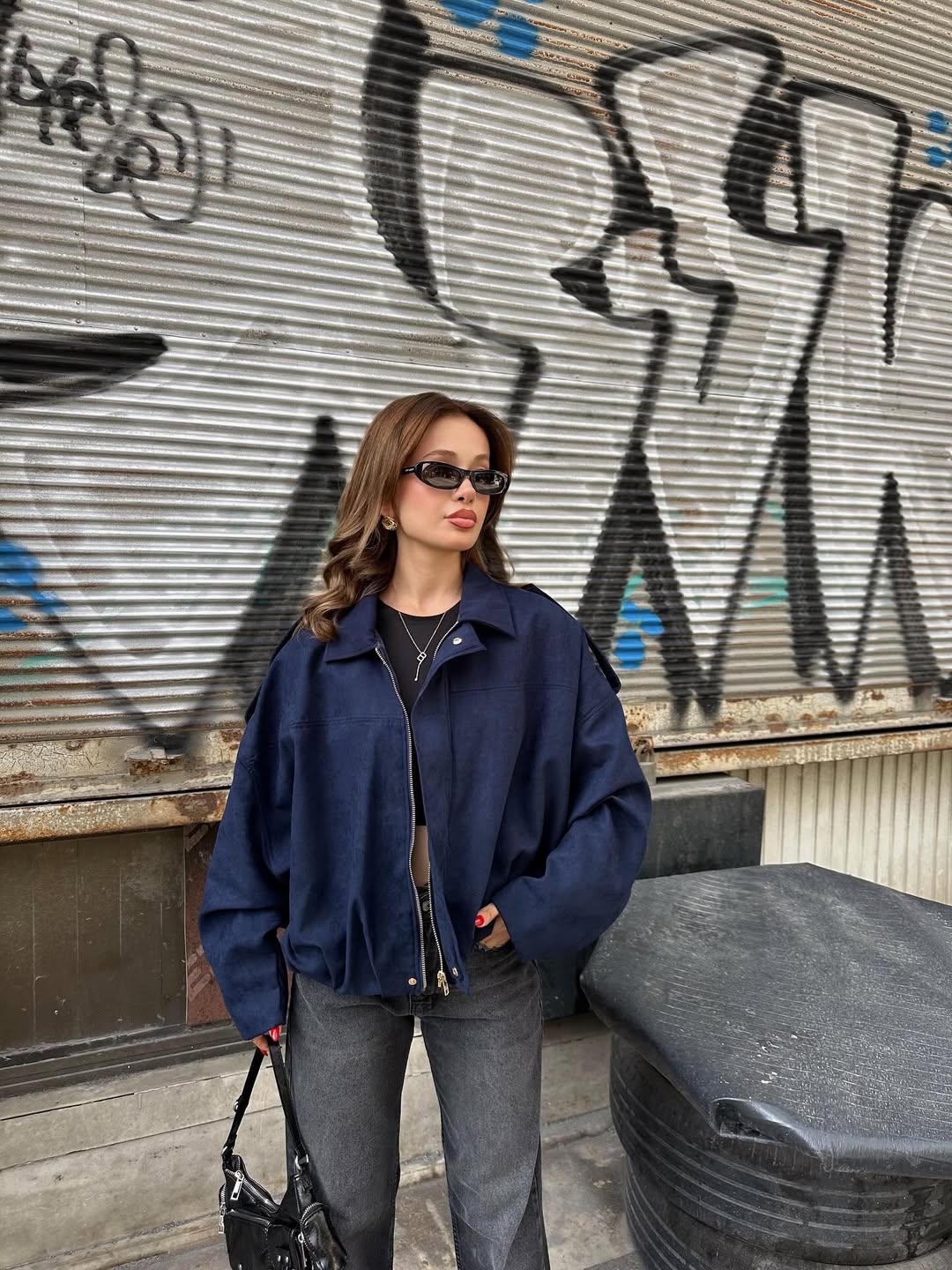 Navy Suede Jacket With Golden Zipper