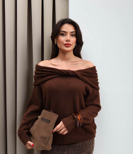Brown Twist Shoulder Pullover