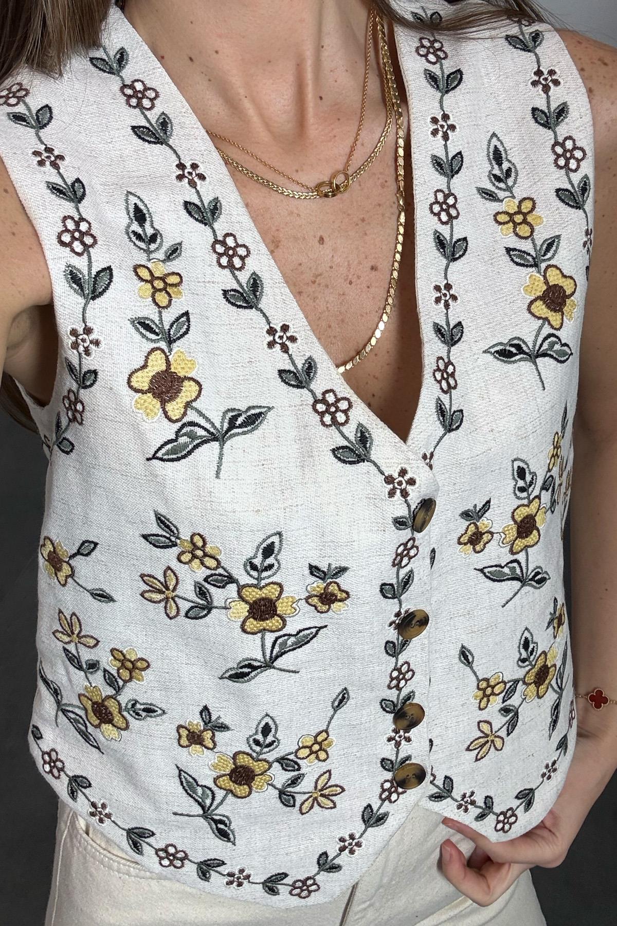 Linen Floral Yellow Embroidered Vest