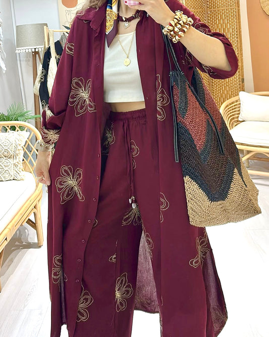 Burgundy X Gold Embroidered Long Shirt Set