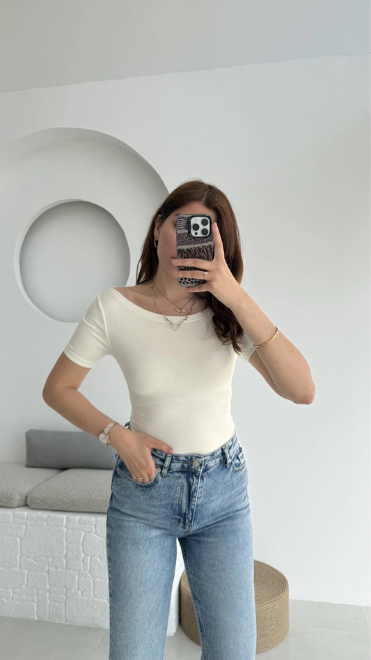White Basic Cotton Boat Neck T-Shirt Top