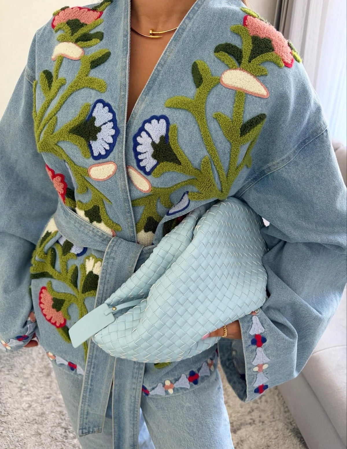 Baby Blue Floral Embroidered Denim Belted Kimono Jacket