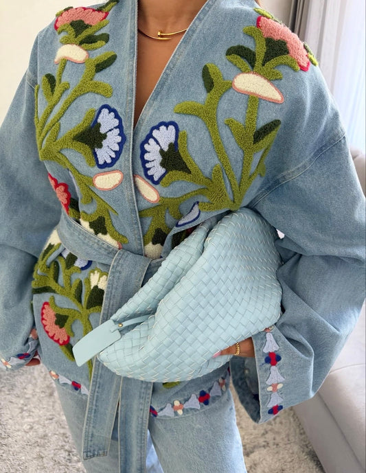 Baby Blue Floral Embroidered Denim Belted Kimono Jacket